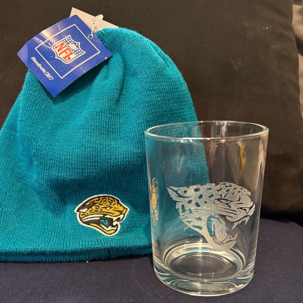🆕 NFL Jacksonville Jaguars Knit Hat Beanie & Etched Jax Jags Rocks Glass Tumbler